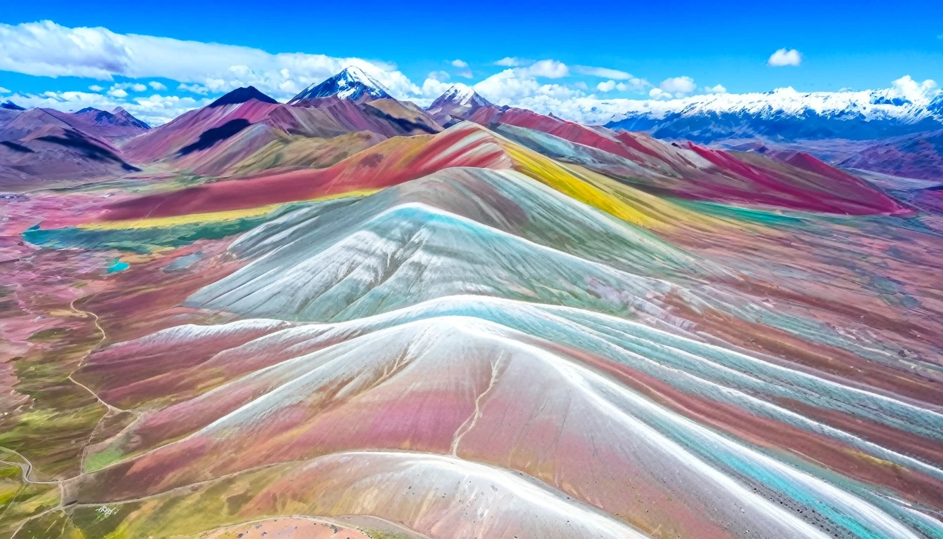 aerial view of colorful one vinicunca mountain, multi color, green, yellow, pink, cyan