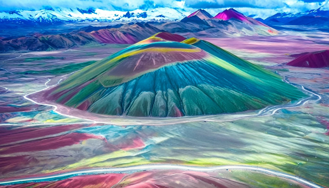 aerial view of colorful one vinicunca mountain, multi color, green, yellow, pink, cyan
