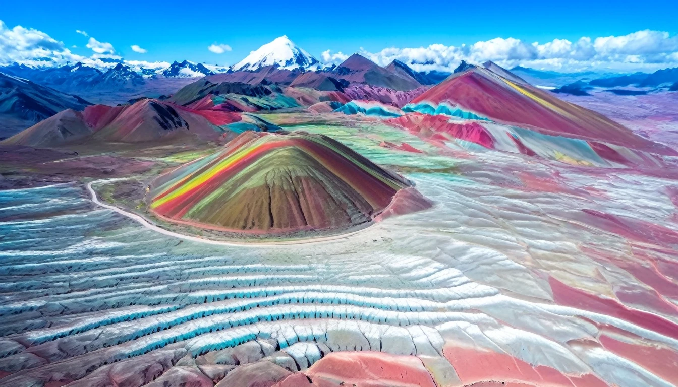 aerial view of colorful one vinicunca mountain, multi color, green, yellow, pink, cyan
