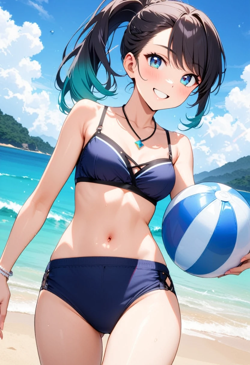A woman, 19-years-old, solo, Caucasian, black hair, cyan hair, gradient hair, multicolored hair, ponytail, two-tone hair, swept bangs, blue eyes, cheerful smile, mature face, dark blue bikini top, dark blue bikini bottom, midriff, holding a beachball, beach, thin silver necklace, white bracelet, flat stomach