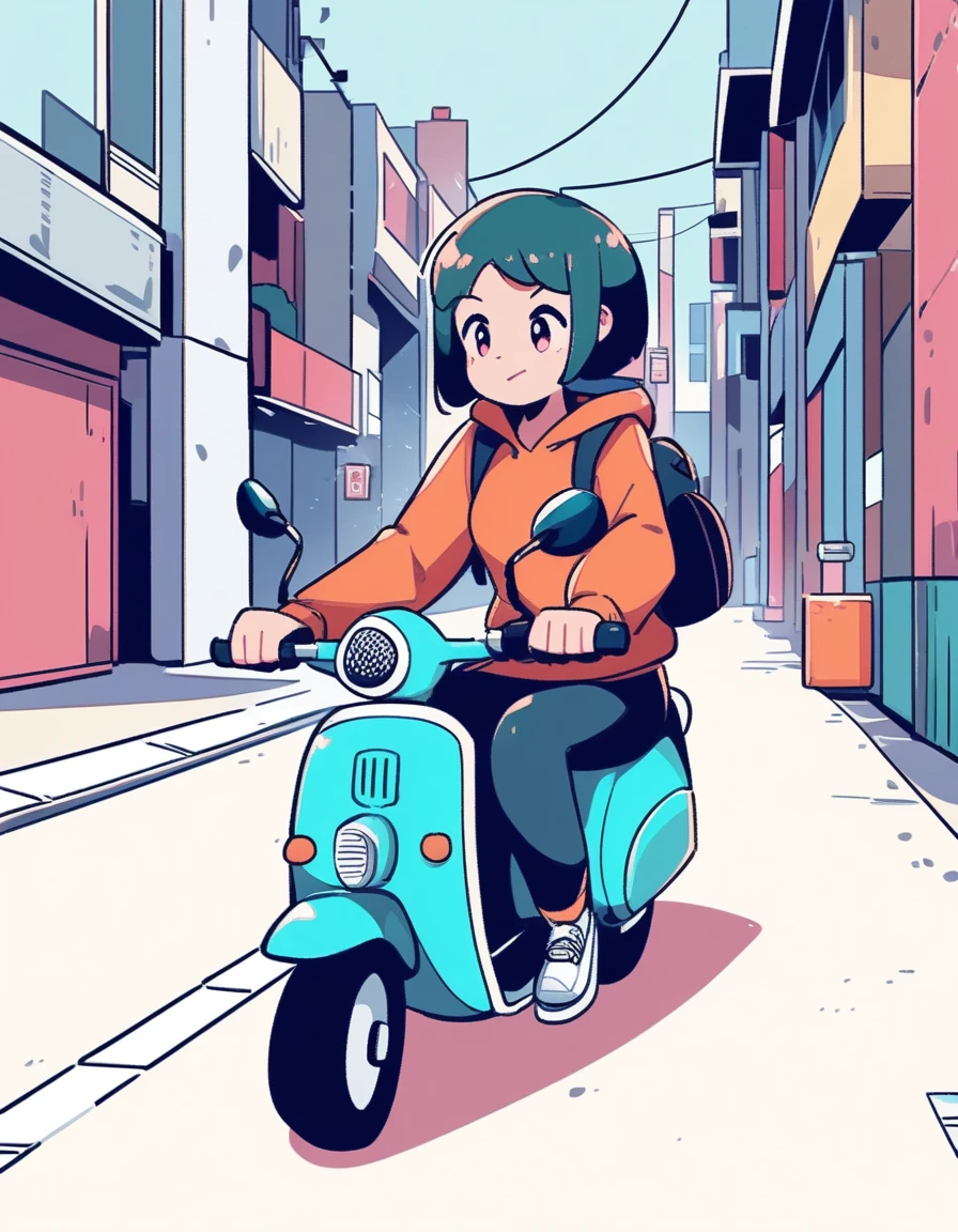 girl riding a scooter, Lo-fi art style