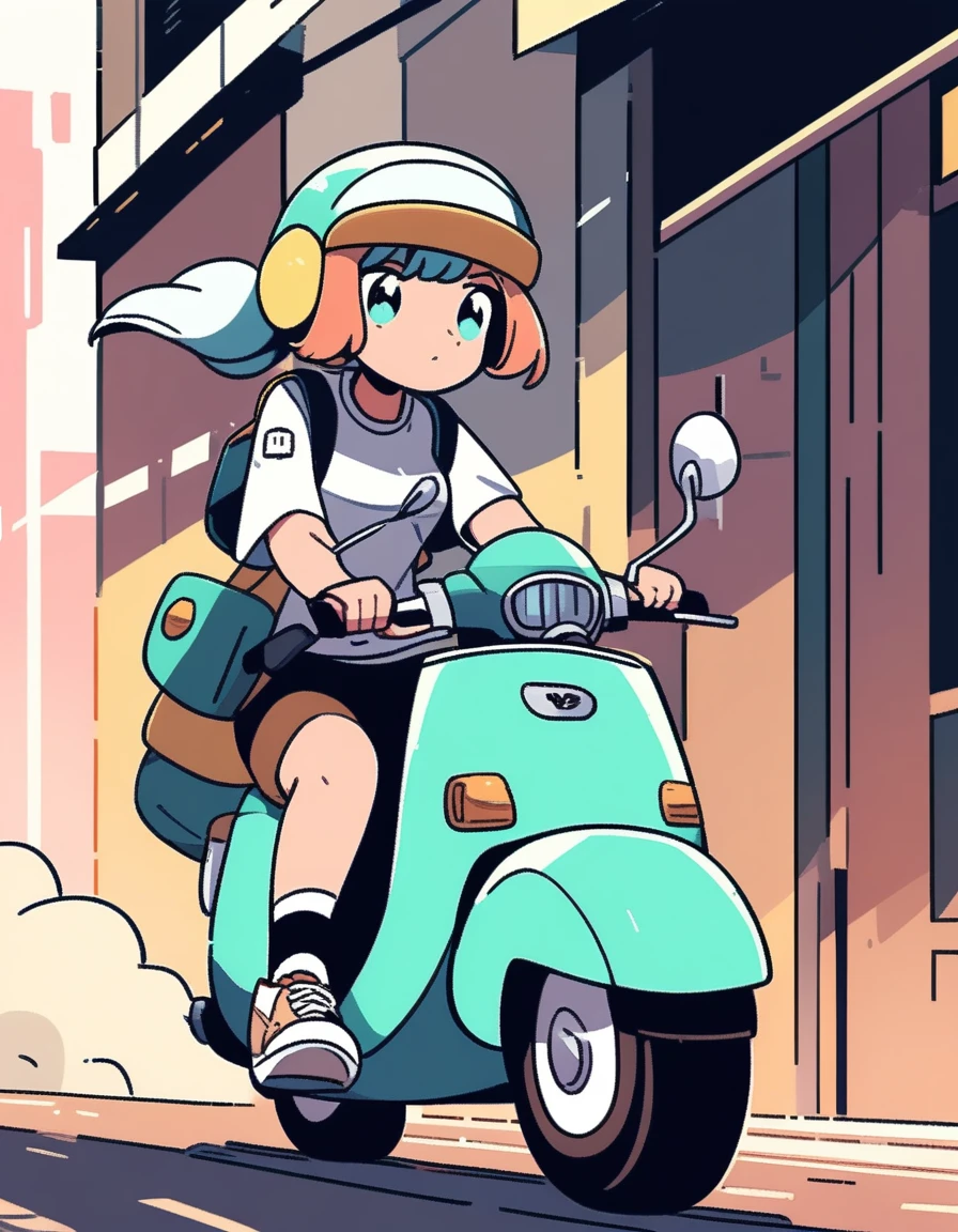 girl riding a scooter, Lo-fi art style
