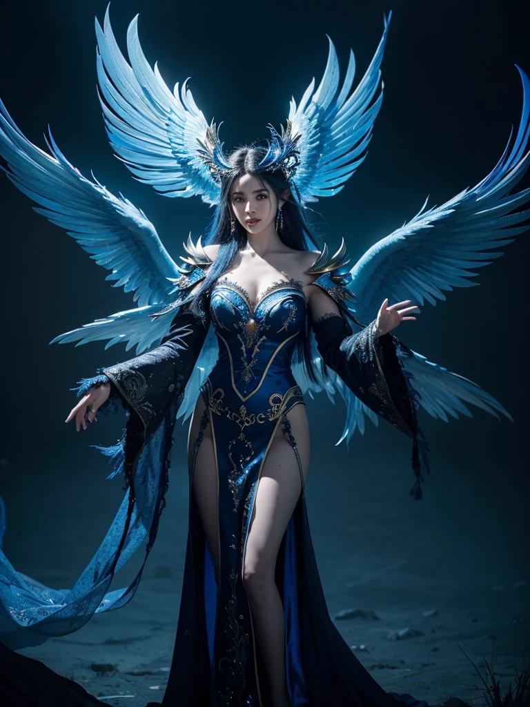 A captivating photograph featuring a female character embodying the essence of a powerful and enchanting blue phoenix. She wears a mesmerizing, vibrant ensemble that showcases her regal presence, adorned with intricate details that accentuate her blue aura. The blue fiery phoenix, with feathers ablaze, stands proudly on her shoulder, as she commands blue fire and magic. A cinematic moment unfolds, with a sharp focus on every intricate detail, as the high-quality photography and 3D render bring this fantastical scene to life, immersing viewers in a visually stunning and captivating experience. The composition is masterfully lit, with vivid colors and striking contrasts that create an unforgettable dark fantasy masterpiece., photo, vibrant, illustration, 3d render, dark fantasy