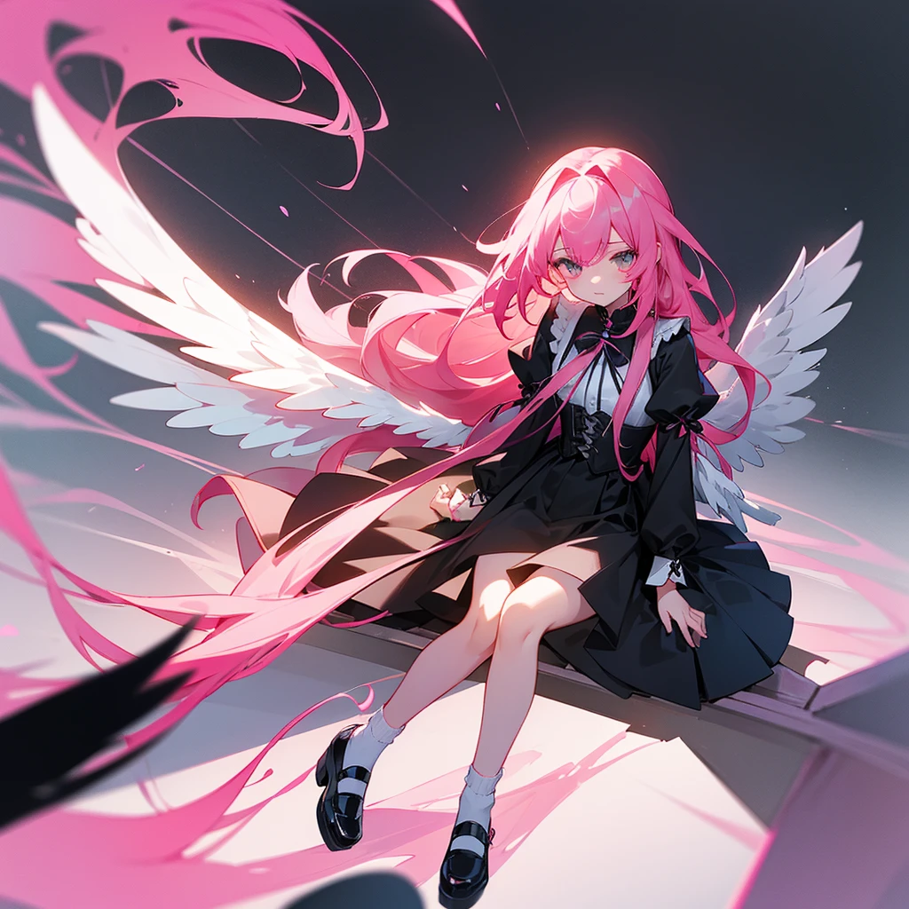 A girl with long and pink hair。Her hair is flowing in the wind。The eyes are black。She is wearing a black dress and skirt。She wore black shoes and white，sock。With white wings。She sat on the stairs。I think it feels dark and depressing.。