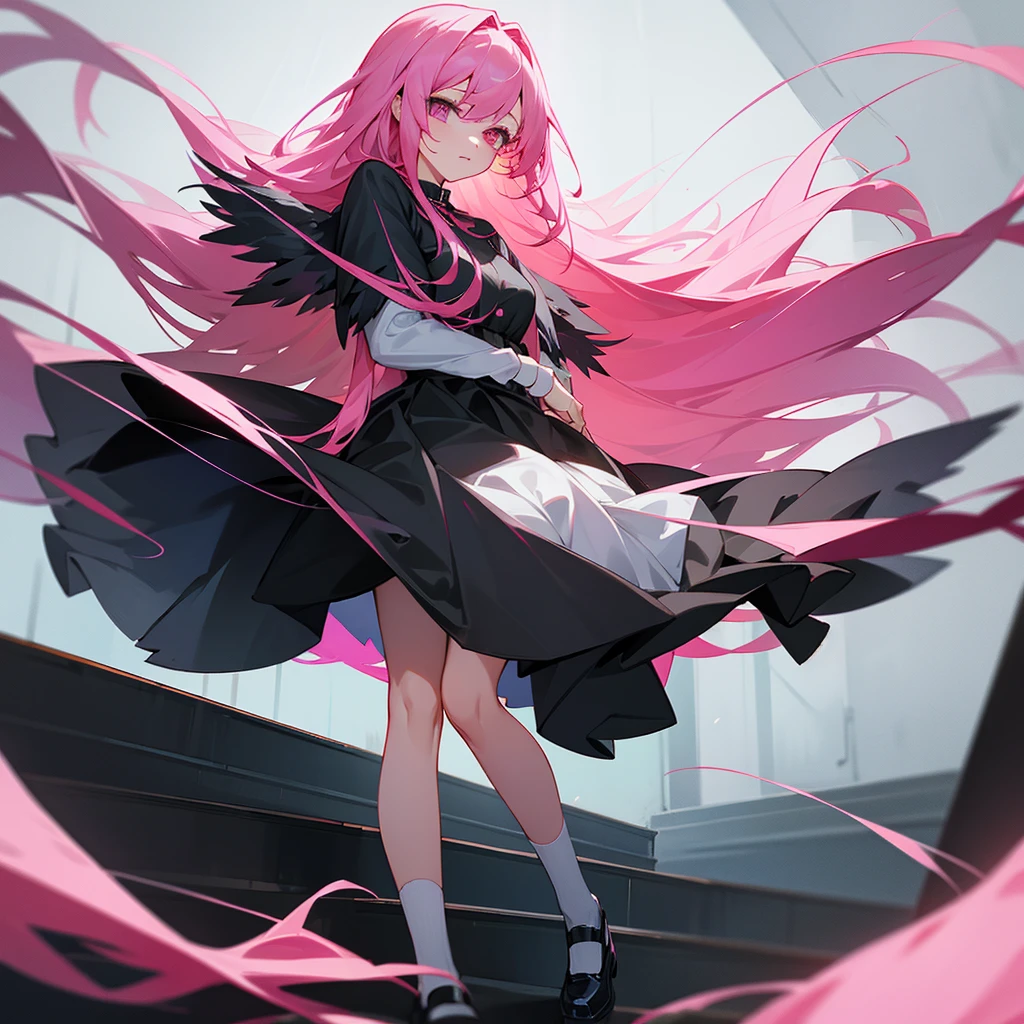 A girl with long and pink hair。Her hair is flowing in the wind。The eyes are black。She is wearing a black dress and skirt。She wore black shoes and white，sock。With white wings。She sat on the stairs。I think it feels dark and depressing.。