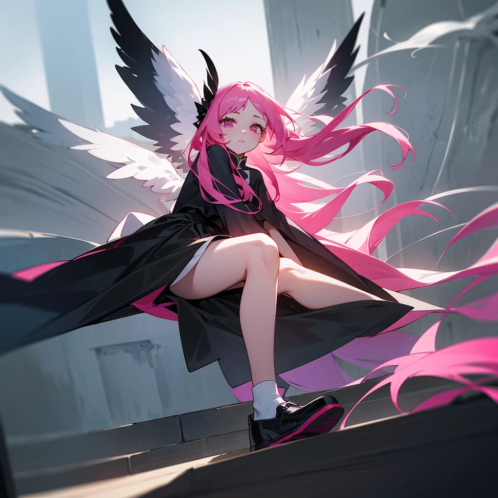 A girl with long and pink hair。Her hair is flowing in the wind。The eyes are black。She is wearing a black dress and skirt。She wore black shoes and white,sock。With white wings。She sat on the stairs。I think it feels dark and depressing.。