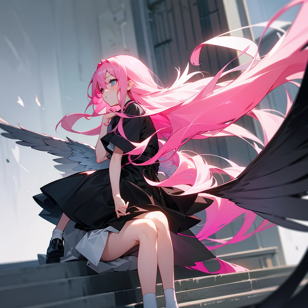 A girl with long and pink hair。Her hair is flowing in the wind。The eyes are black。She is wearing a black dress and skirt。She wore black shoes and white，sock。With white wings。She sat on the stairs。I think it feels dark and depressing.。