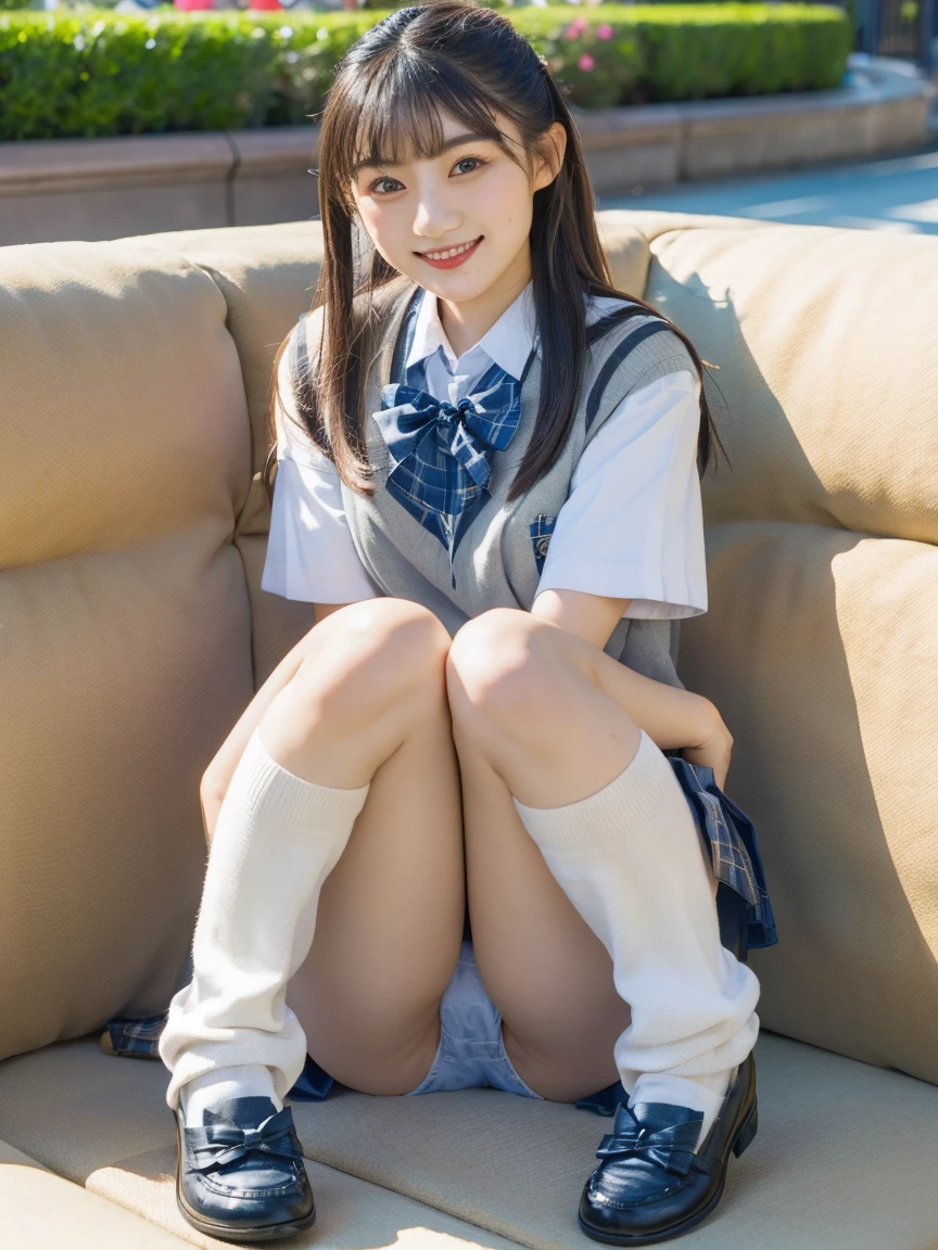 (photorealistic:1.4), Best Quality, Masterpiece, 32k raw photo, (extremely detailed beautiful japanese girl), (Extremely detailed eyes:1.2), (Beautiful face:1.2), ultra detailed, ultra high resolution, amazing, BREAK,
(school uniform:1.5), SMILE, (whole body:1.2), (from below), detailed school girl, (Disneyland:1.3), beautiful detailed girl, hits, Beautiful face, mini skirt, SMILE, wind, moccasins, Baggy socks, perfect legs, perfect hands, (detailed panties:1.2),
