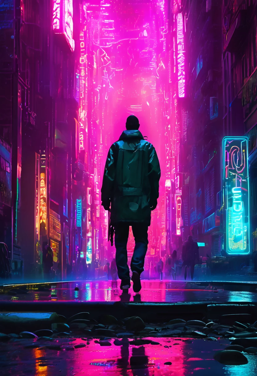 (masterpiece, 8K, UHD, high resolution: 1.4), (character wearing futuristic and technological clothing: 1.3), (cybernetic implants and a stylized look in neon tones: 1.3), (urban street full of neon signs and holograms: 1.3), (pose confident and vigilant: 1.2), (detailed and intricate cybernetic enhancements: 1.2), (background with vibrant and dynamic cityscape: 1.2), (glowing neon accents in blue, pink, and green: 1.2), (atmosphere of high-tech urban life: 1.3), (elements of sci-fi and cyberpunk: 1.2), (dynamic and immersive perspective: 1.3), (reflections of neon lights on wet pavement: 1.2), (detailed and intricate design: 1.3)