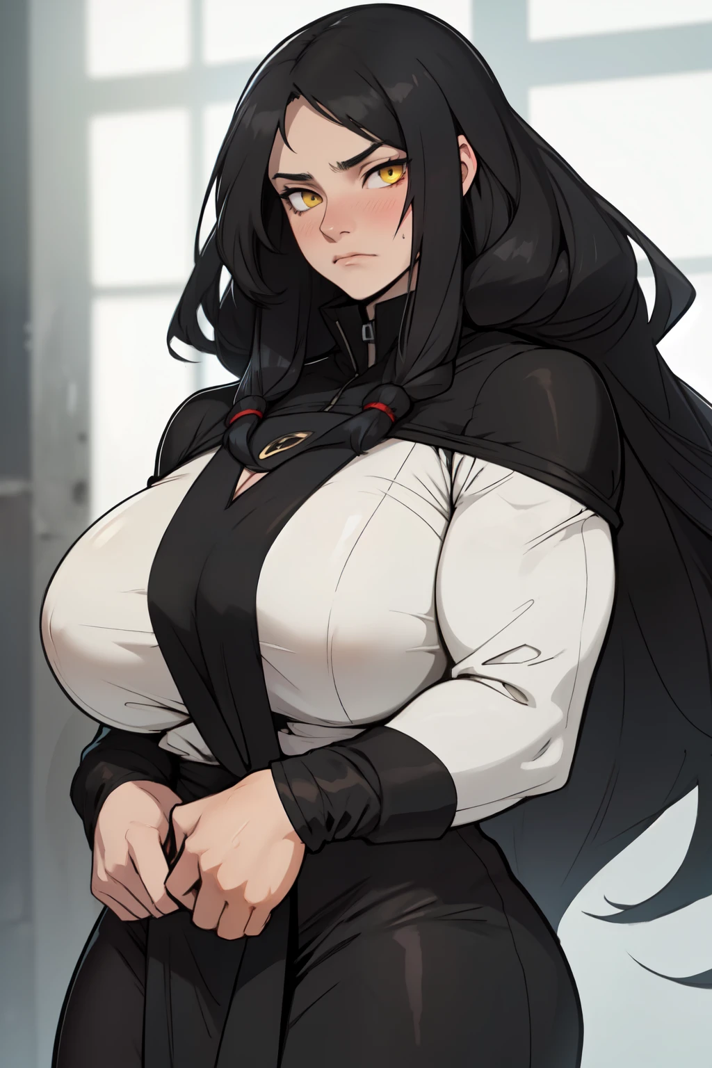 muscular black hair yellow eyes pale skin girl sad huge breasts g frown sweaty long straight hair long straight hair long straight hair long straight hair long straight hair