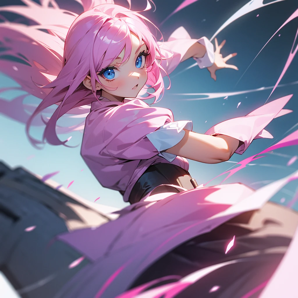 Pink haired girl with blue eyes moving her arms 🤲