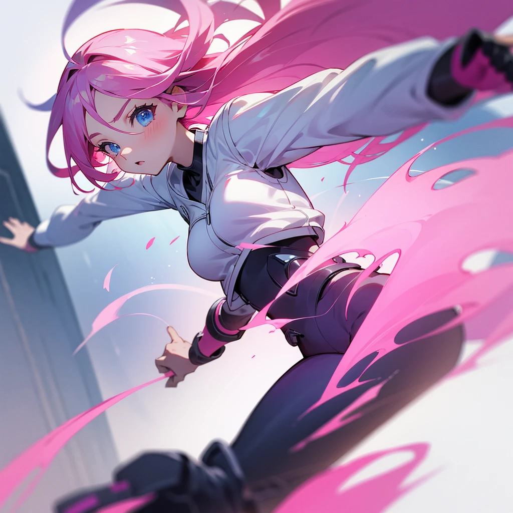 Pink haired girl with blue eyes moving her arms 🤲