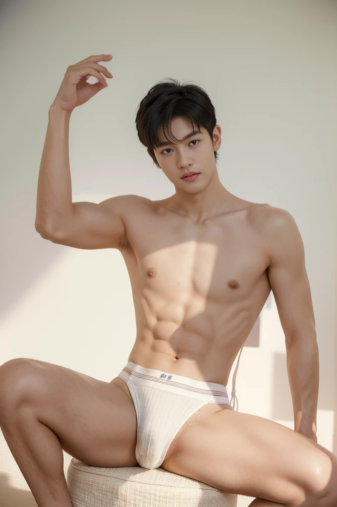 Asian muscular boy sitting on bedroom, bedroom, sexy, Dark eyebrows, white shirt, show abs, wearing white thong high cut underwaer, white high cut Jockstrap, muscular young male, mid shot portrait, high quality portrait, Attractive pose, cute young man, gorgeous young model, portrait a 25 - year - old boy, casual photography, Realistic. Cheng Yi, cute young man, ((wearing micro string thong))