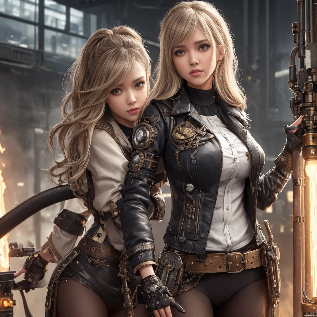 Jessica Alba, (absurdres, highres, ultra detailed), 1woman, mature female, aged, long wavy hair, split-colored hair, heterochromia, bangs, long sleeves, finely detailed eyes and detailed face, extremely detailed CG unit 8k wallpaper, intricate details, (style-rustmagic: 0.8), (medieval cyborg: 0.8), portrait, (bloody wounds:0.7), looking at the viewer, solo, half shot, detailed background, (steampunk theme:1.1) determined expression, technomancer dark couds, floating lights, colorful leather vest with gears, techwear, jetpack, workshop in the background, machines, gears, steam, industry, technology, oven, dirt, anvil, buttons, levers, automaton, electricity, electric sparks epic atmosphere,, portrait
