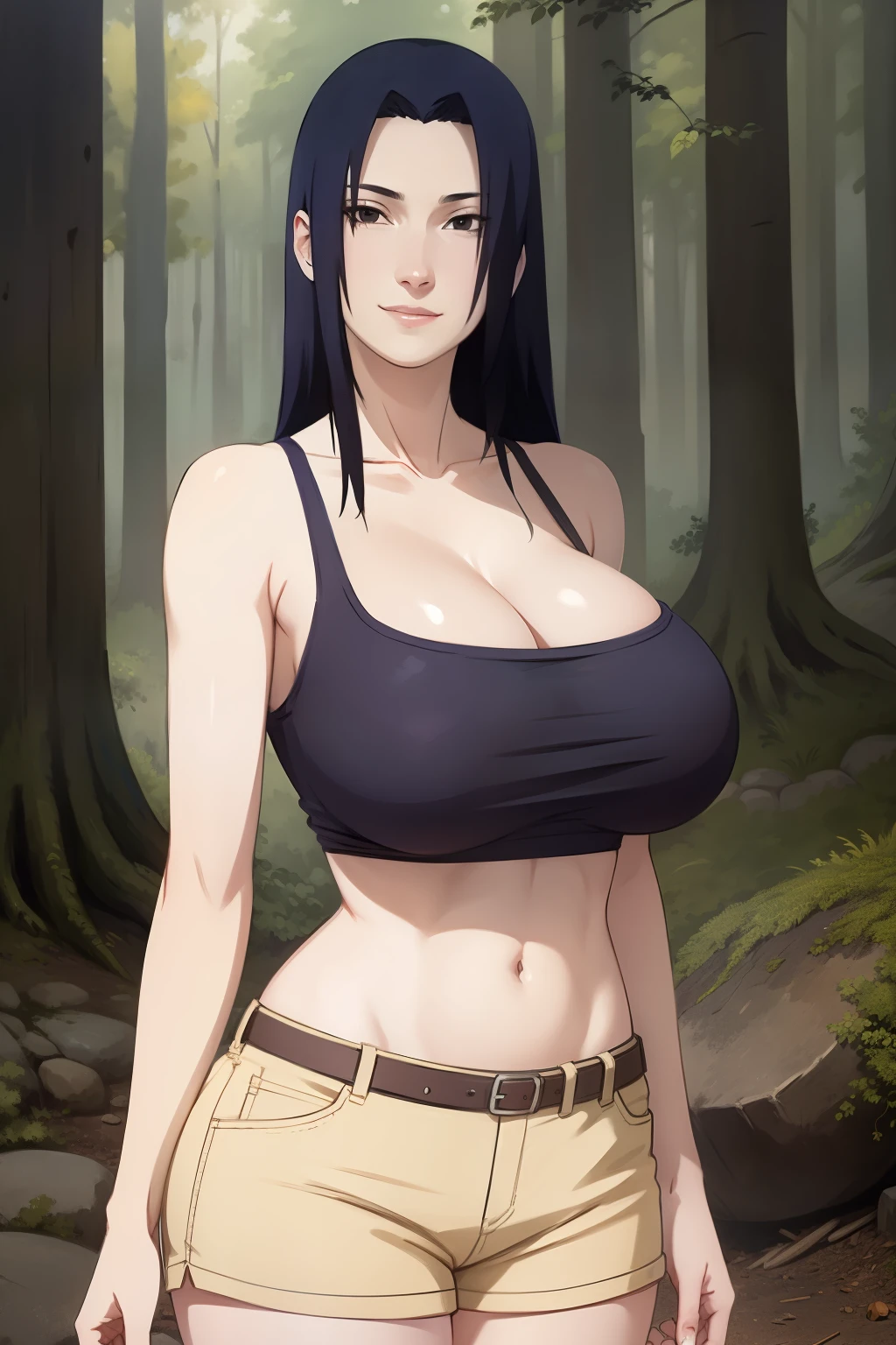 Mikoto Uchiha, oil painting, ultra-detailed, realistic, portrait, vivid colors, soft lighting, (best quality,4k,8k,highres,masterpiece:1.2), (big round breasts:1.5), professional, long black hair, black eyes, beautiful detailed eyes and face, extremely detailed smile, long eyelashes, looking at viewer, very short top, big ass, bare shoulders, white shorts, outdoors, forest, cowboy shot, clavicle.