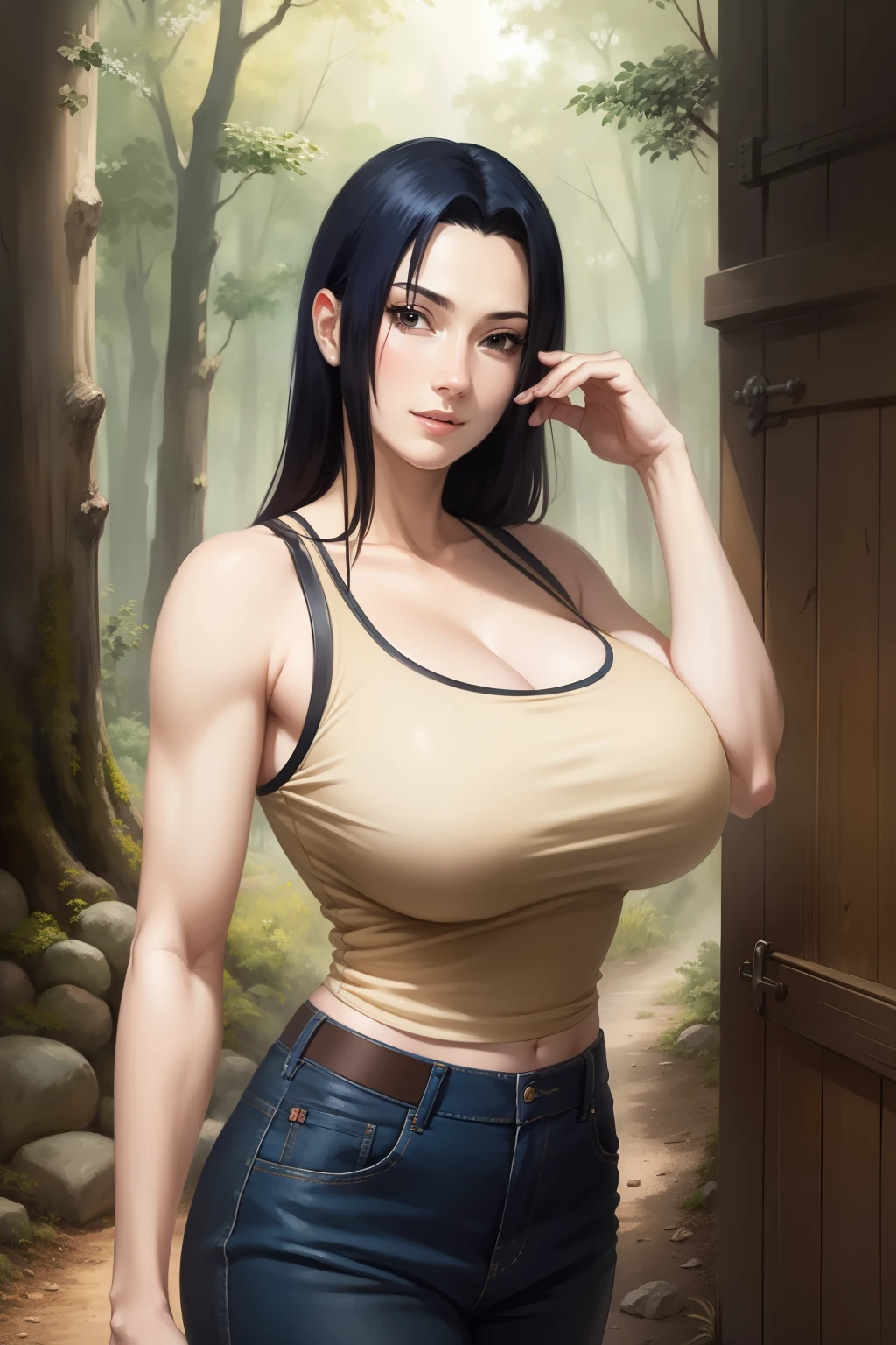 Mikoto Uchiha, oil painting, ultra-detailed, realistic, portrait, vivid colors, soft lighting, (best quality,4k,8k,highres,masterpiece:1.2), (big round breasts:1.5), professional, long black hair, black eyes, beautiful detailed eyes and face, extremely detailed smile, long eyelashes, looking at viewer, very short top, big ass, bare shoulders, white shorts, outdoors, forest, cowboy shot, clavicle.