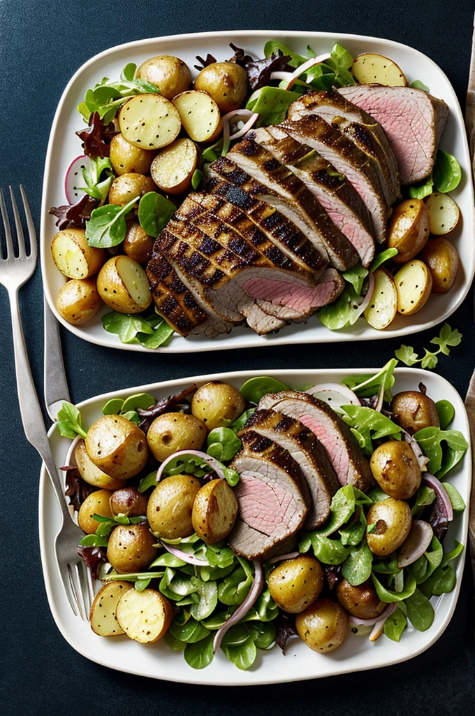 Roast meat with salad and potatoes in a glass plate that is placed on a cedar table with blue black and green background