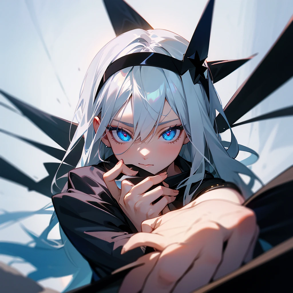 girl holding a black star in between hands, beautiful eyes, close POV, black energy