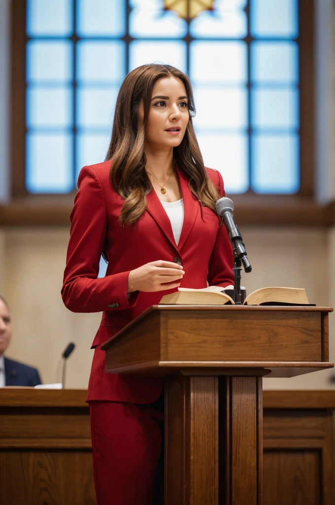 ((woman)), (30 year old), (long hair), (wearing reddish suit), (speech at a lectern), (bible on the pulpit), (modern protestant church background), (natural light), (photo realism), (hyper detailed), diffuse lighting, (showing complete subject), ((full body shot)), (((front view))), (Nikon D850 DSLR), ((long shot at 200mm f/1. 8 lens)), (Slightly blurred background with bokeh effect),