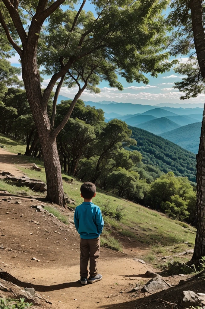 A boy stand in mountain infront of tree