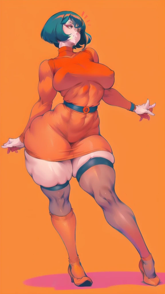 Full body image of Velma from Scooby-Doo, full body in image, wearing her original outfit (orange sweater, red skirt, knee-high orange socks, and black shoes), short brown bob haircut, female body, curvy and  body, dynamic pose, detailed pose, simple background, expressive face showing curiosity, focus on face, line art, sketch