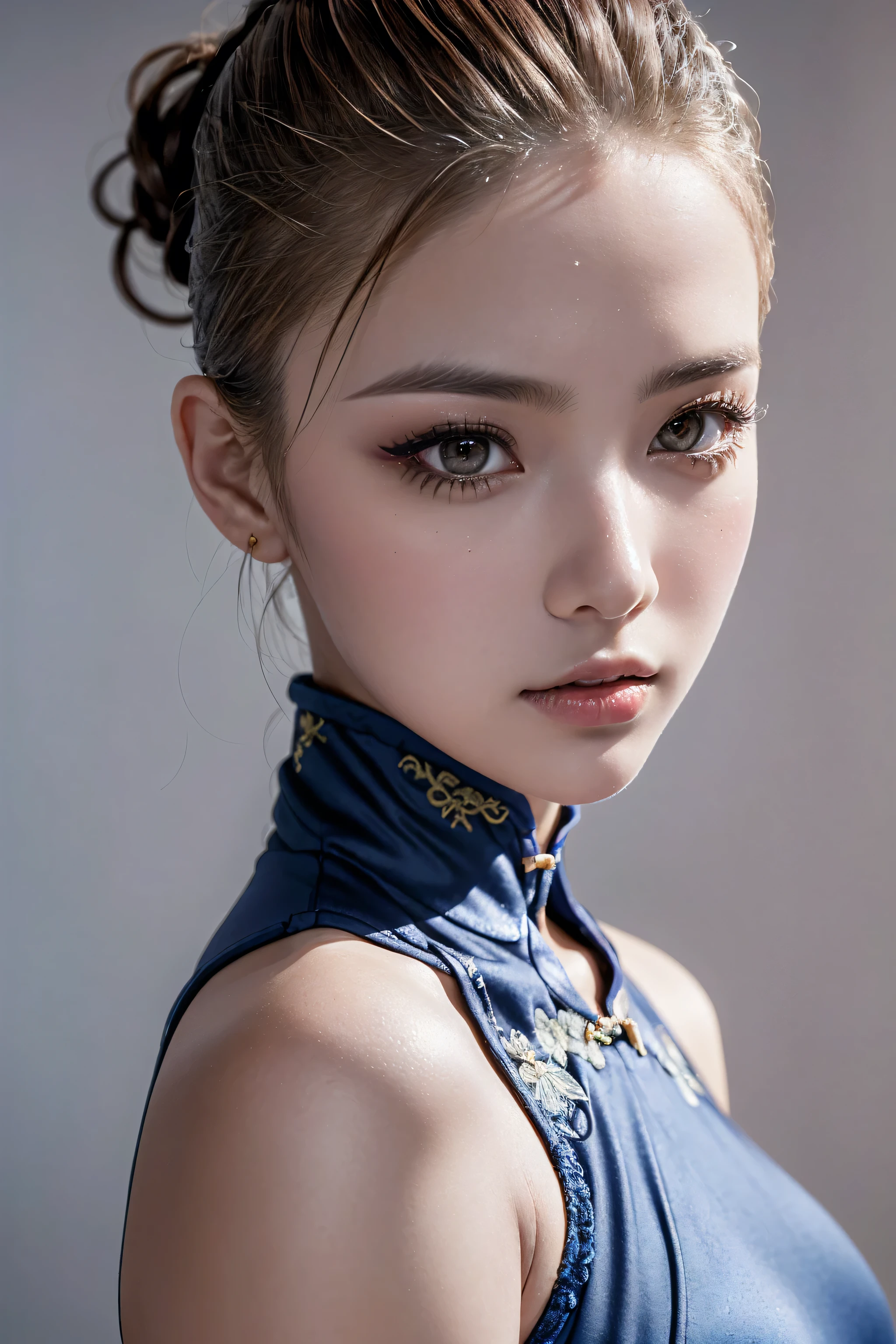 (absurd quality,16k,highres,masterpiece:1.2), ultra details,UHD,(photorealistic Realism 16K Quality), (1woman:1.3 22-year-old), (best detail quality, realistic texture: skin, hair), (the most absurd quality perfect eyes), (super beautiful cute sharp-face), (light pale complexion), (clear no blur and sharp perfect round realistic brown_eyes:1.35), finely detailed pupils, detailed lips:1.3, BREAK,. ((Fujicolor、daytime soft lighting)、fashion supermodel、((curly heban hair (slicked to the two side) Intricately detailed:1.35)),. BREAK, (pink_makeup:1.25),. BREAK,. ((Classic and sexy ((white)) cheongsam)、Detailed blue decoration:1.25)),. BREAK,. (Fitted clothing:1.3)、dynamic pose、((close-up of her face:1.35)), (no decorations in the hair), (dark shot:1.2),