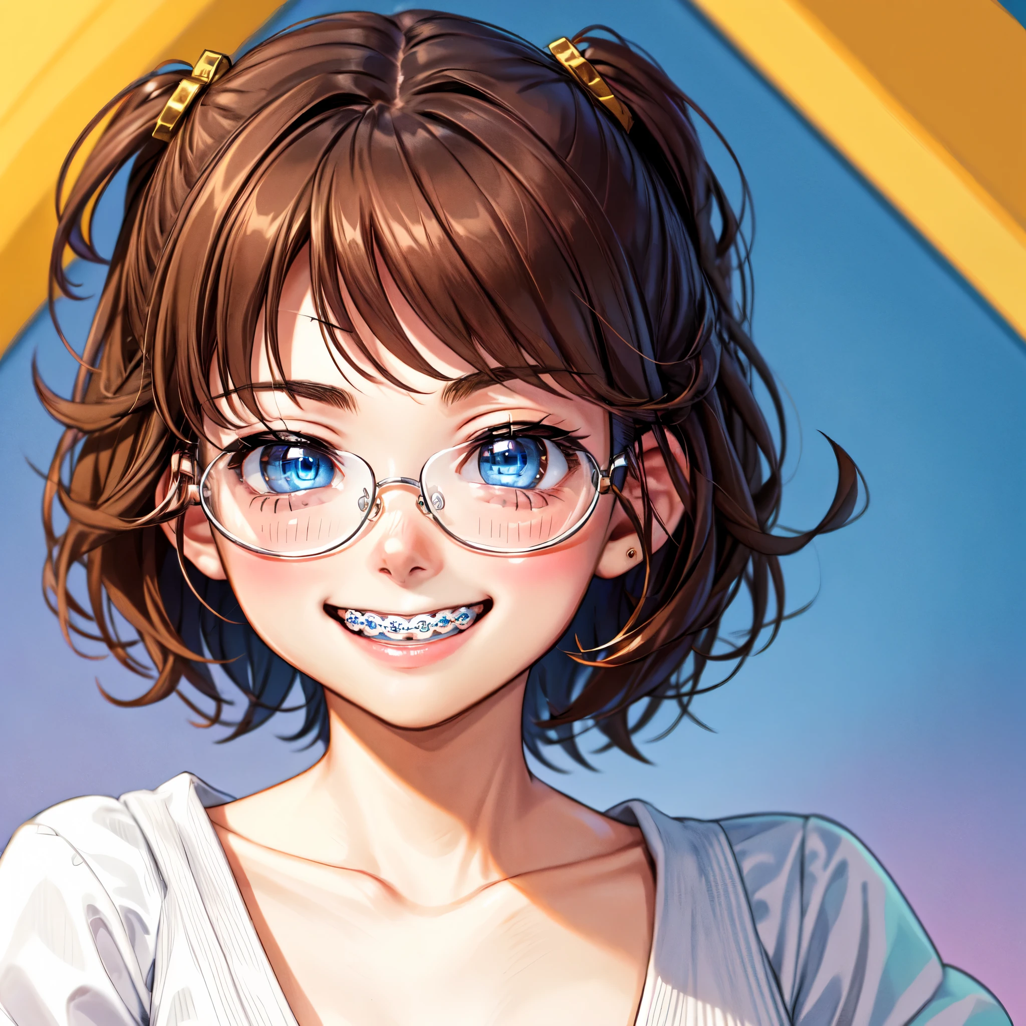 1girl, seductive eyes, braces, glasses, smiling, cute, face focus, blue eyes, blush, brown hair, best quality, masterpiece, highres