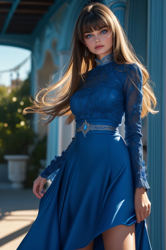 16 year old Paulina Porizkova, ultra-detailed face, ultra detailed blue eyes, (bangs), (long sleeve dress, long skirt), (((masterpiece)))