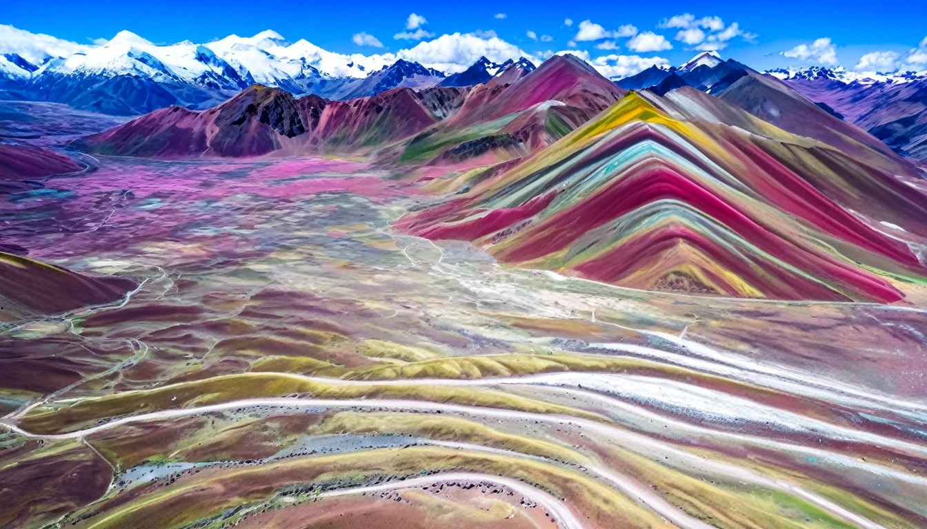 aerial view of colorful vinicunca  mountain, multi color, green, yellow, pink
