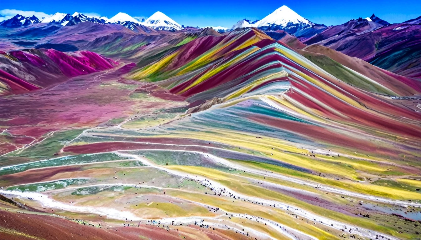 aerial view of colorful vinicunca  mountain, multi color, green, yellow, pink

