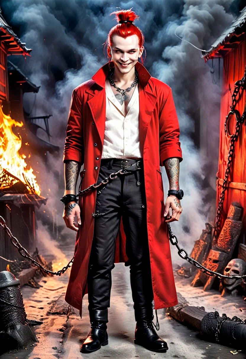 Overview Young red man with pale white skin. his eyes are red and black with no trace of white, he has a bad smile and a terrifying look, he is athletic and he is dressed in a red sleeveless coat, and black pants and black boots,his whole body covered with tattoos of criminals,He fights with two swords to which are attached to the pomo two large chains that he can in his own way. Behind him there are fires,Photorealistic style [Creepy Smile]