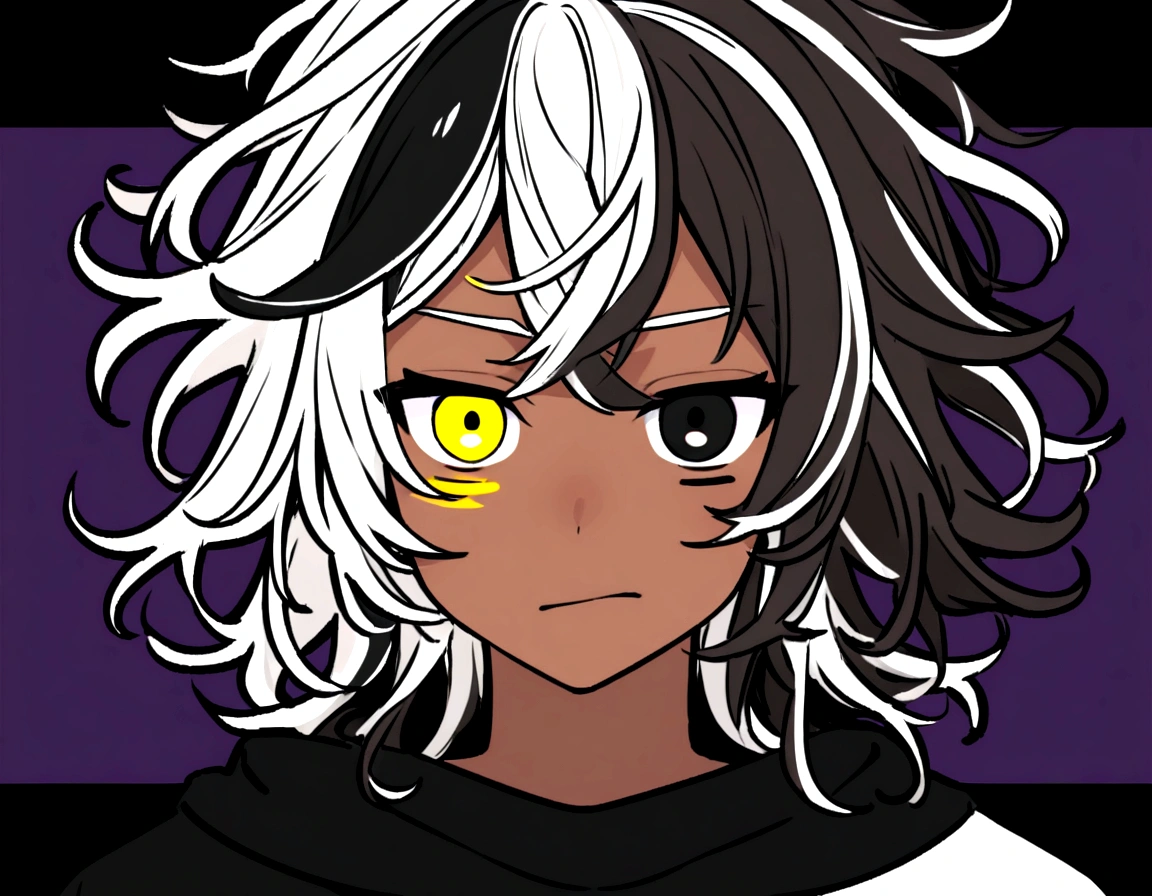 white  shirt, wearing a black sweatshirt with silver details , yellow and black eyes heterochromia, Idiot expression, Messy hair , Medium length hair , 1 men , multicolored black and white hair ( focus on hair containing both colors) , two tone hair , dark skin color icon format