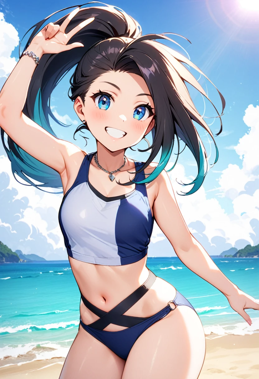 blue-eyed Japanese-German mixed race girl, tall, strong, athletic, muscular, great abs. Black hair in a pony tail, blue eyes, small breasts. She wears a blue and grey sports bra and spandex shorts, and is running on the lake shore path in Chicago.