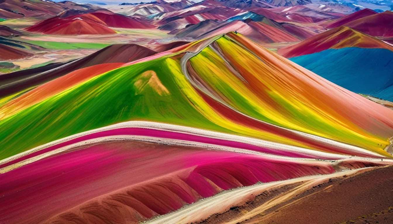 aerial view of colorful vinicunca mountain, multi color, green, yellow, pink
