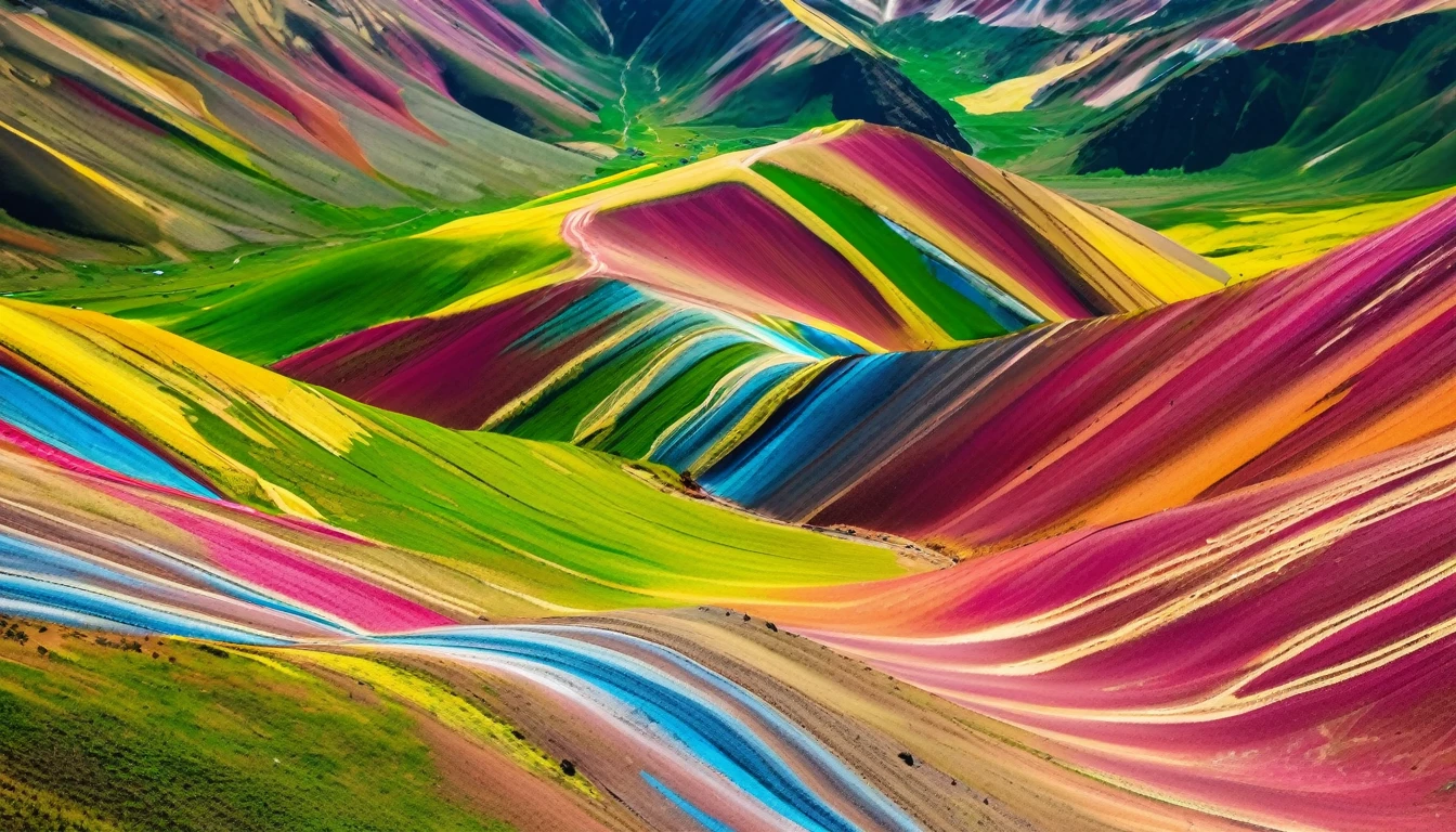 aerial view of colorful vinicunca mountain, multi color, green, yellow, pink