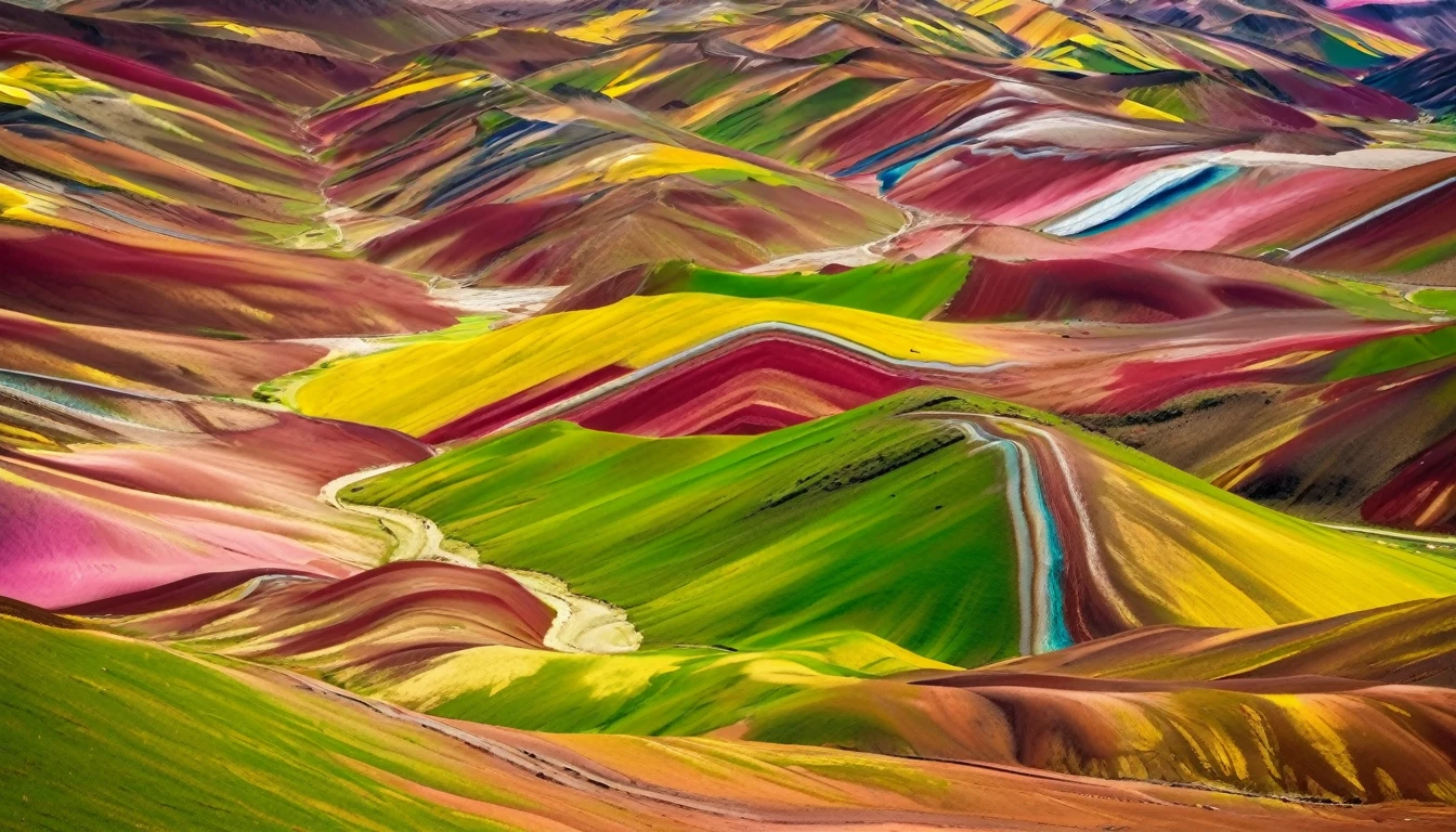 aerial view of colorful vinicunca mountain, multi color, green, yellow, pink