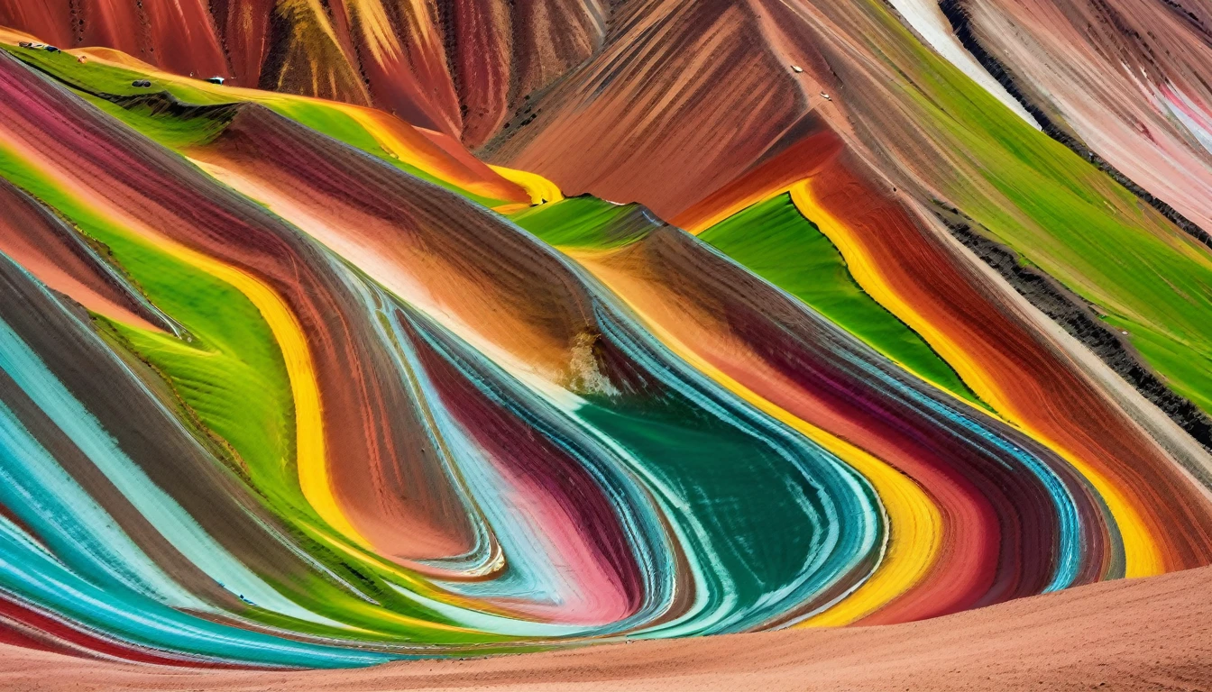 aerial view of colorful vinicunca mountain, multi color, green, yellow, pink