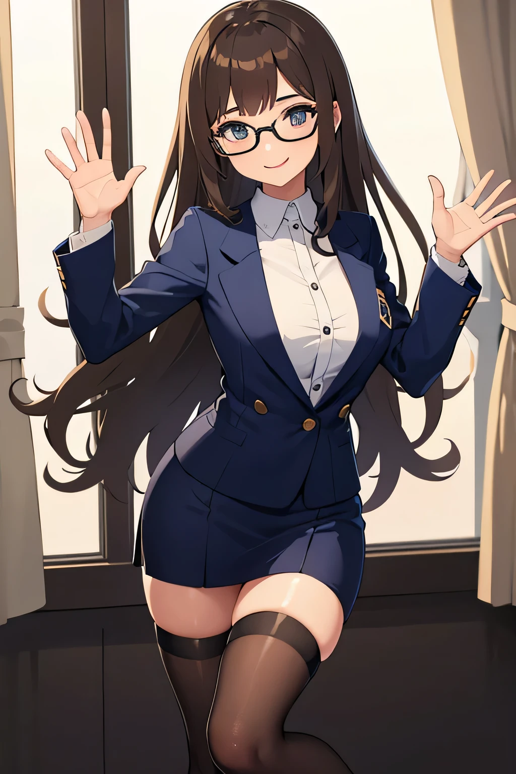 female with long brown curley hair, wearing white office shirt with buttons tight, wearing blue miniskirt, wearing thigh high socks, wearing glasses. Happy, smiling, waving