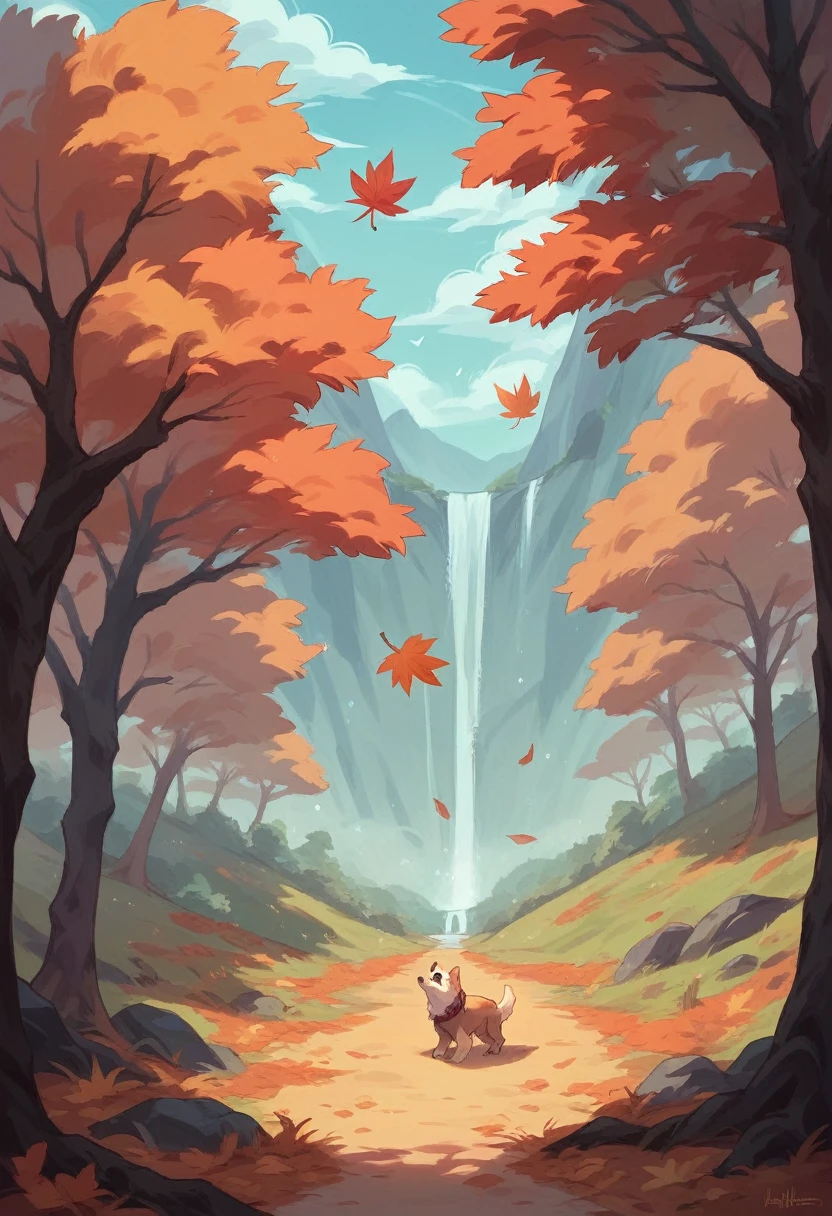 Forest landscape in autumn, falling leaves and a girl in the forest with a dog