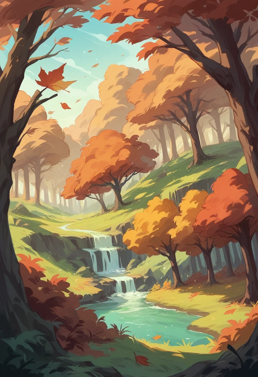 Forest landscape in autumn, falling leaves and a girl in the forest with a dog
