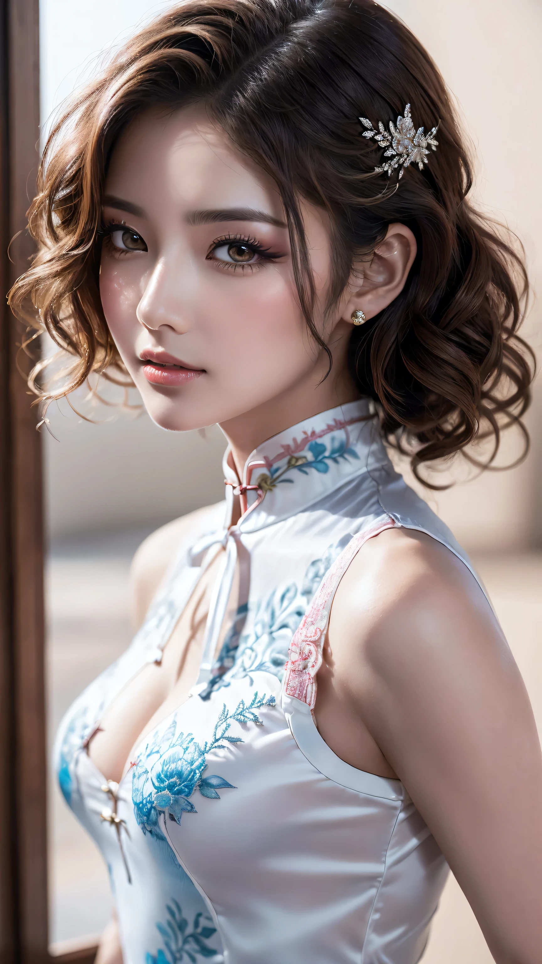 (absurd quality,16k,highres,masterpiece:1.2), ultra details,UHD,(photorealistic Realism 16K Quality), (1woman:1.3 22-year-old), (best detail quality, realistic texture: skin, hair), (the most absurd quality perfect eyes), (super beautiful cute sharp-face), (light pale complexion), (clear no blur and sharp perfect round realistic brown_eyes:1.35), finely detailed pupils, detailed lips:1.3, BREAK,. ((Fujicolor、daytime soft lighting)、fashion supermodel、((curly heban hair (slicked to the two side) Intricately detailed:1.35)),. BREAK, (pink_makeup:1.25),. BREAK,. ((Classic and sexy ((white)) cheongsam)、Detailed blue decoration:1.25)),. BREAK,. (Fitted clothing:1.3)、dynamic pose、((close-up of her face:1.35)), (no decorations in the hair), (dark shot:1.2),