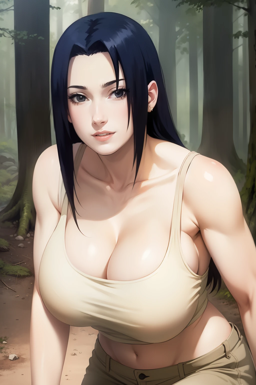 Mikoto Uchiha, oil painting, ultra-detailed, realistic, portrait, vivid colors, soft lighting, (best quality,4k,8k,highres,masterpiece:1.2), (big round breasts:1.5), professional, long black hair, black eyes, beautiful detailed eyes and face, extremely detailed smile, long eyelashes, looking at viewer, very short top, big ass, bare shoulders, white shorts, outdoors, forest, cowboy shot, clavicle.