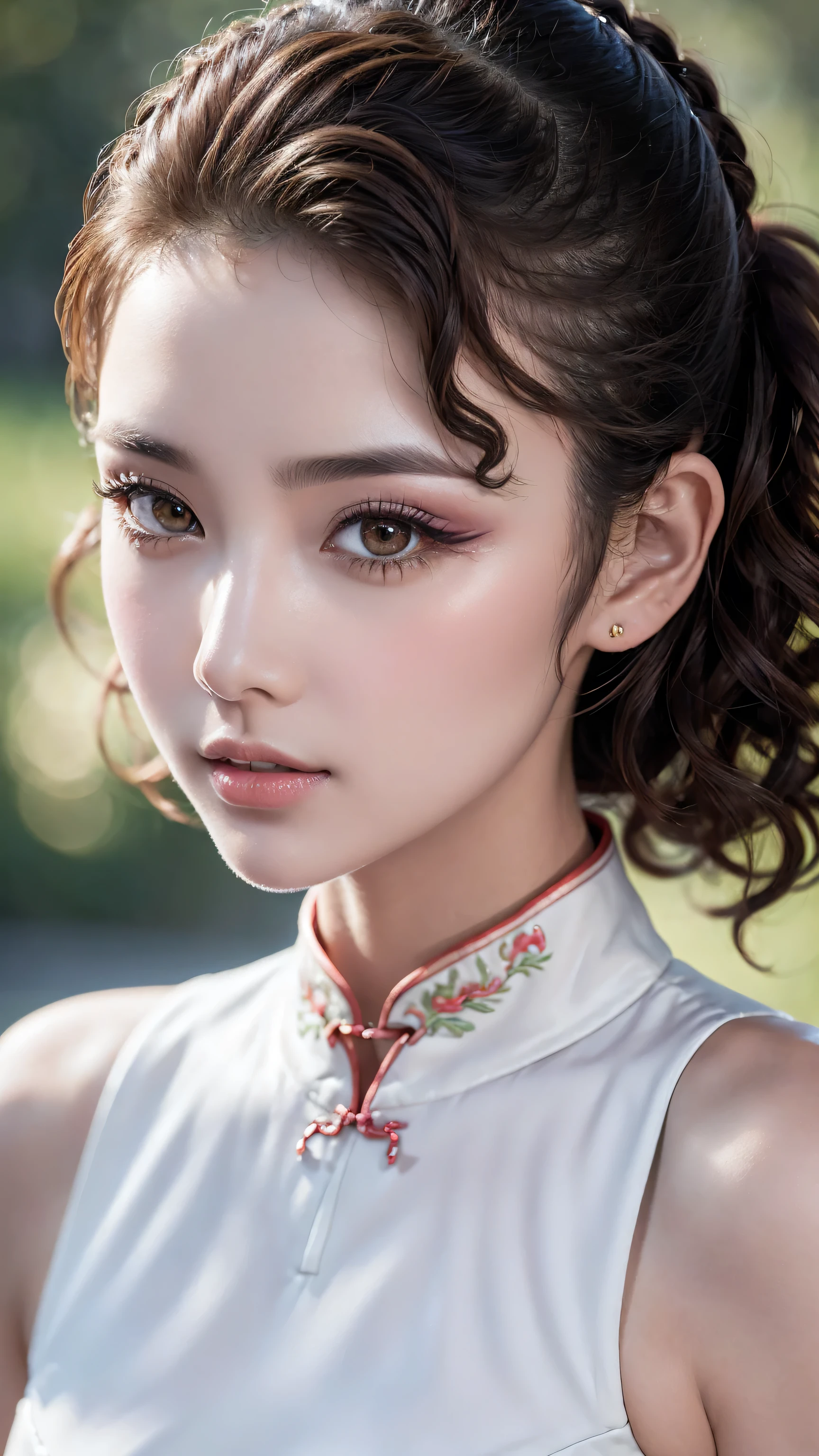 (absurd quality,16k,highres,masterpiece:1.2), ultra details,UHD,(photorealistic Realism 16K Quality), (1woman:1.3 22-year-old), (best detail quality, realistic texture: skin, hair), (the most absurd quality perfect eyes), (super beautiful cute sharp-face), (light pale complexion), (clear no blur and sharp perfect round realistic brown_eyes:1.35), finely detailed pupils, detailed lips:1.3, BREAK,. ((Fujicolor、daytime soft lighting)、fashion supermodel、((curly heban hair (slicked to the two side) Intricately detailed:1.35)),. BREAK, (pink_makeup:1.25),. BREAK,. ((Classic and sexy ((white)) cheongsam)、Detailed blue decoration:1.25)),. BREAK,. (Fitted clothing:1.3)、dynamic pose、((close-up of her face:1.35)), (no decorations in the hair), (dark shot:1.2), 