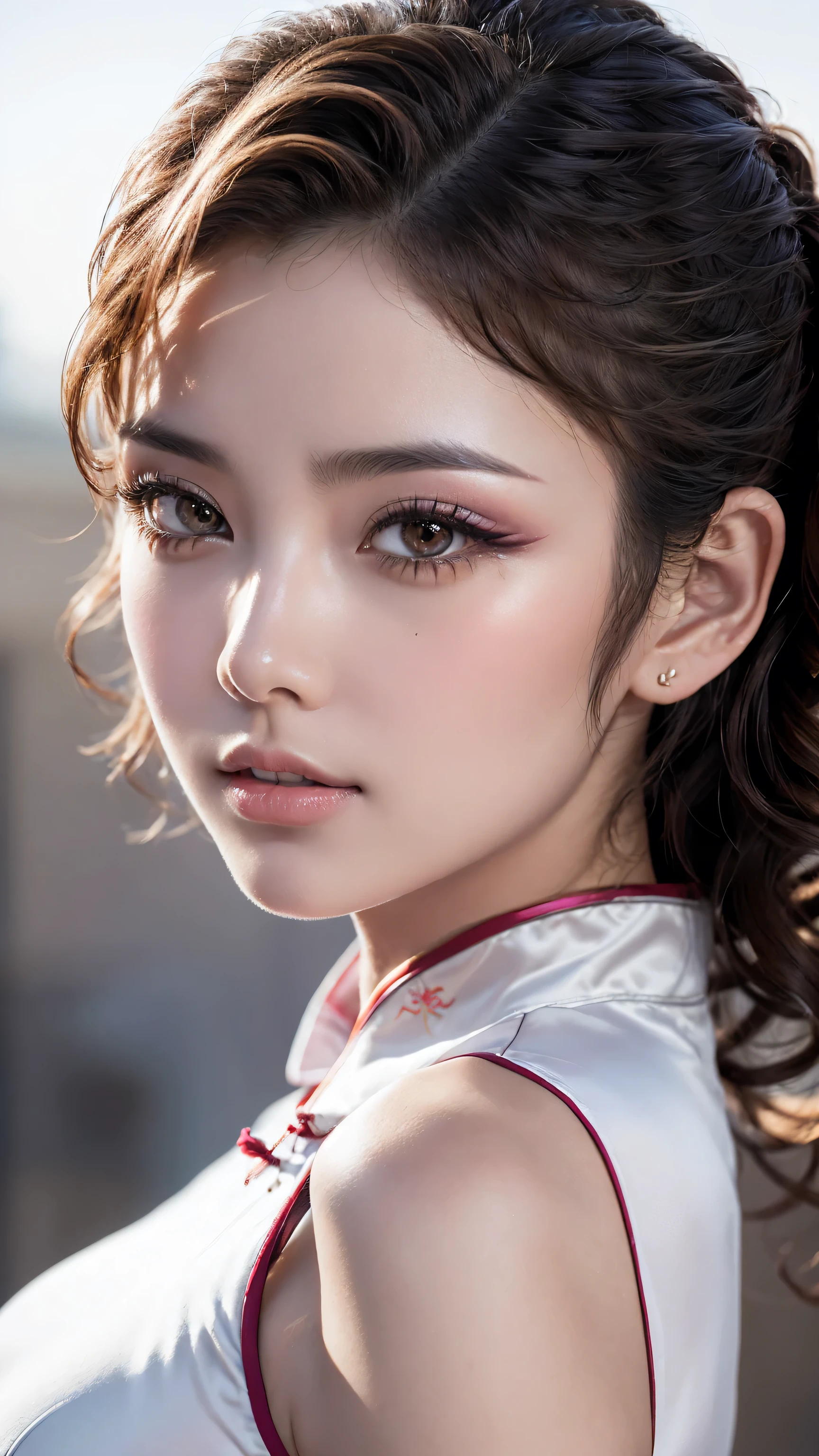 (absurd quality,16k,highres,masterpiece:1.2), ultra details,UHD,(photorealistic Realism 16K Quality), (1woman:1.3 22-year-old), (best detail quality, realistic texture: skin, hair), (the most absurd quality perfect eyes), (super beautiful cute sharp-face), (light pale complexion), (clear no blur and sharp perfect round realistic brown_eyes:1.35), finely detailed pupils, detailed lips:1.3, BREAK,. ((Fujicolor、daytime soft lighting)、fashion supermodel、((curly heban hair (slicked to the two side) Intricately detailed:1.35)),. BREAK, (pink_makeup:1.25),. BREAK,. ((Classic and sexy ((white)) cheongsam)、Detailed blue decoration:1.25)),. BREAK,. (Fitted clothing:1.3)、dynamic pose、((close-up of her face:1.35)), (no decorations in the hair), (dark shot:1.2),