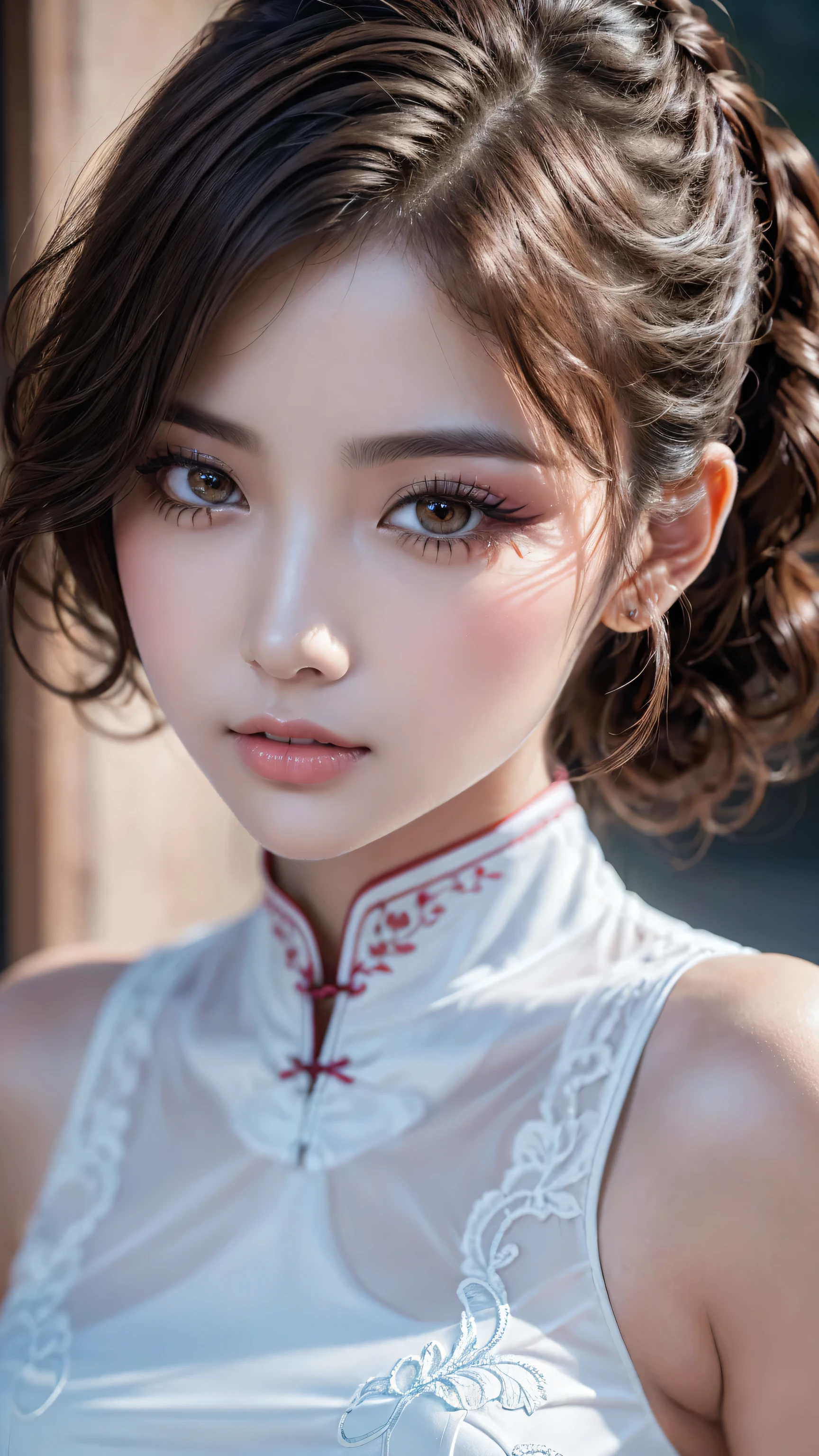 (absurd quality,16k,highres,masterpiece:1.2), ultra details,UHD,(photorealistic Realism 16K Quality), (1woman:1.3 22-year-old), (best detail quality, realistic texture: skin, hair), (the most absurd quality perfect eyes), (super beautiful cute sharp-face), (light pale complexion), (clear no blur and sharp perfect round realistic brown_eyes:1.35), finely detailed pupils, detailed lips:1.3, BREAK,. ((Fujicolor、daytime soft lighting)、fashion supermodel、((curly heban hair (slicked to the two side) Intricately detailed:1.35)),. BREAK, (pink_makeup:1.25),. BREAK,. ((Classic and sexy ((white)) cheongsam)、Detailed blue decoration:1.25)),. BREAK,. (Fitted clothing:1.3)、dynamic pose、((close-up of her face:1.35)), (no decorations in the hair), (dark shot:1.2), 