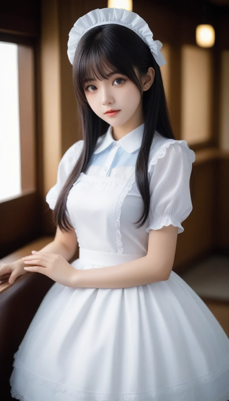 8K, Ultra-high resolution, Highest quality, masterpiece, 三分割法によるphotograph,Surreal, photograph, 1 Girl, (:1.3), pretty girl, Cute face, Beautiful eyes in every detail, 細かくdetailedに,masterpiece,One Girl:1.2, Japan Female Announcer, whole body,glaring,Black Hair,Bob with bangs,A city near the future,cyber punk,(Highest quality, 8K, masterpiece, Best image quality, Ultra HD, Delicate and smooth skin, Realistic Skin, Perfect and beautiful face ,完璧でCute face, Skin with attention to detail, Perfect limbs、Narrow waist、Thin legs)、Browsing Caution、Sulky face、(A fusion of Lolita fashind maid outfits),Beautiful leg line beauty,Looking at the audience、beauty,Long neck、(((Ideal body type))),A cup small breasts :2,、Portraiture:2、Perfect Anatomy、鮮明なdetailed、detailed、Surreal、Light and shadow,Strong light