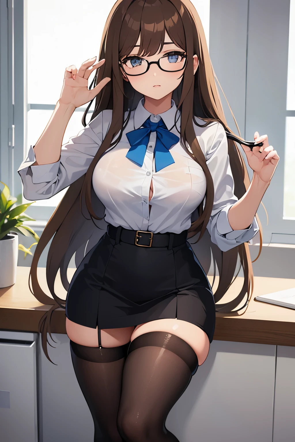 masterpiece, best quality, realistic, photorealistic, great lighting, ultra-detailed, dynamic angle, perfect face, (bright lighting:1.2),beautiful detailed eyes, extremely detailed face, perfect lighting,

1girl, black twintail hair, glasses, clothes about to come off,

high school uniform, pleated skirt, stockings, pumps shoes,

Composition looking up from below, classroom, straddle a chair, M leg, lift up one's skirt, ((White panties, cameltoe)),

sweaty, wet body, navel out, thighs out, buttocks, large breast, slim, slender, translucent body, Transparent, Embarrassed expression, blush,