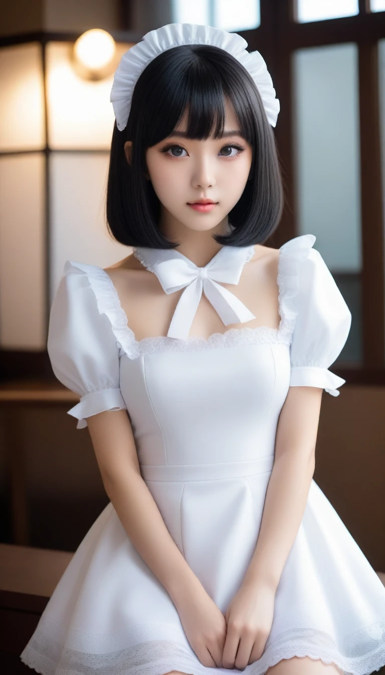 8K, Ultra-high resolution, Highest quality, masterpiece, 三分割法によるphotograph,Surreal, photograph, 1 Girl, (:1.3), pretty girl, Cute face, Beautiful eyes in every detail, 細かくdetailedに,masterpiece,One Girl:1.2, Japan Female Announcer, whole body,glaring,Black Hair,Bob with bangs,A city near the future,cyber punk,(Highest quality, 8K, masterpiece, Best image quality, Ultra HD, Delicate and smooth skin, Realistic Skin, Perfect and beautiful face ,完璧でCute face, Skin with attention to detail, Perfect limbs、Narrow waist、Thin legs)、Browsing Caution、Sulky face、(A fusion of Lolita fashind maid outfits),Beautiful leg line beauty,Looking at the audience、beauty,Long neck、(((Ideal body type))),A cup small breasts :2,、Portraiture:2、Perfect Anatomy、鮮明なdetailed、detailed、Surreal、Light and shadow,Strong light