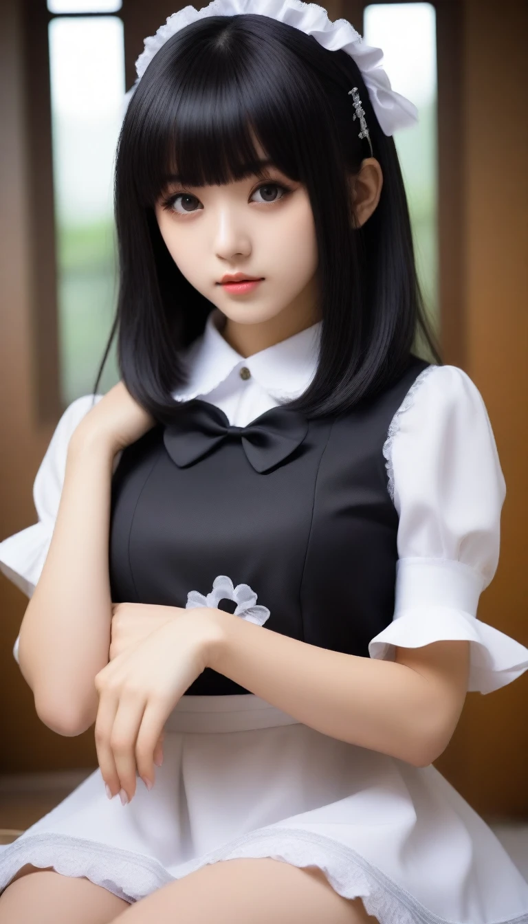 8K, Ultra-high resolution, Highest quality, masterpiece, 三分割法によるphotograph,Surreal, photograph, 1 Girl, (:1.3), pretty girl, Cute face, Beautiful eyes in every detail, 細かくdetailedに,masterpiece,One Girl:1.2, Japan Female Announcer, whole body,glaring,Black Hair,Bob with bangs,A city near the future,cyber punk,(Highest quality, 8K, masterpiece, Best image quality, Ultra HD, Delicate and smooth skin, Realistic Skin, Perfect and beautiful face ,完璧でCute face, Skin with attention to detail, Perfect limbs、Narrow waist、Thin legs)、Browsing Caution、Sulky face、(A fusion of Lolita fashind maid outfits),Beautiful leg line beauty,Looking at the audience、beauty,Long neck、(((Ideal body type))),A cup small breasts :2,、Portraiture:2、Perfect Anatomy、鮮明なdetailed、detailed、Surreal、Light and shadow,Strong light