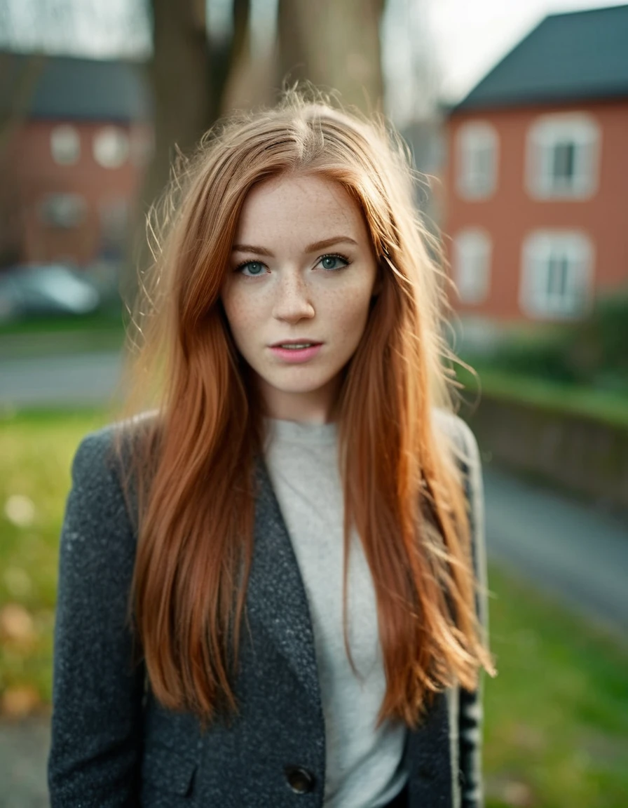 cinematic photo (art by Mathias Goeritz:0.9) , photograph, Lush Girlfriend, Tax collector, Rich ginger hair, Winter, tilt shift, Horror, specular lighting, film grain, Samsung Galaxy, F/5, (cinematic still:1.2), freckles . 35mm photograph, film, bokeh, professional, 4k, highly detailed